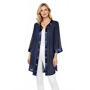X-Land Dolce Vintage Sheer Navy Kimono Cardigan Satin- Trim & Rhinestone Accents